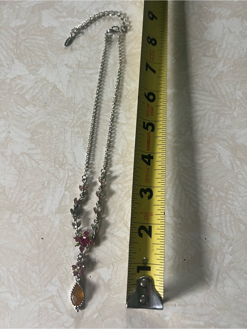 Silver-Tone Pink & Amber Crystal Pendant Necklace N156